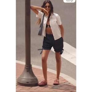 #2489 Anthropologie Maeve Navy Blue Printed Pinstripe Bloomer Shorts Size Large